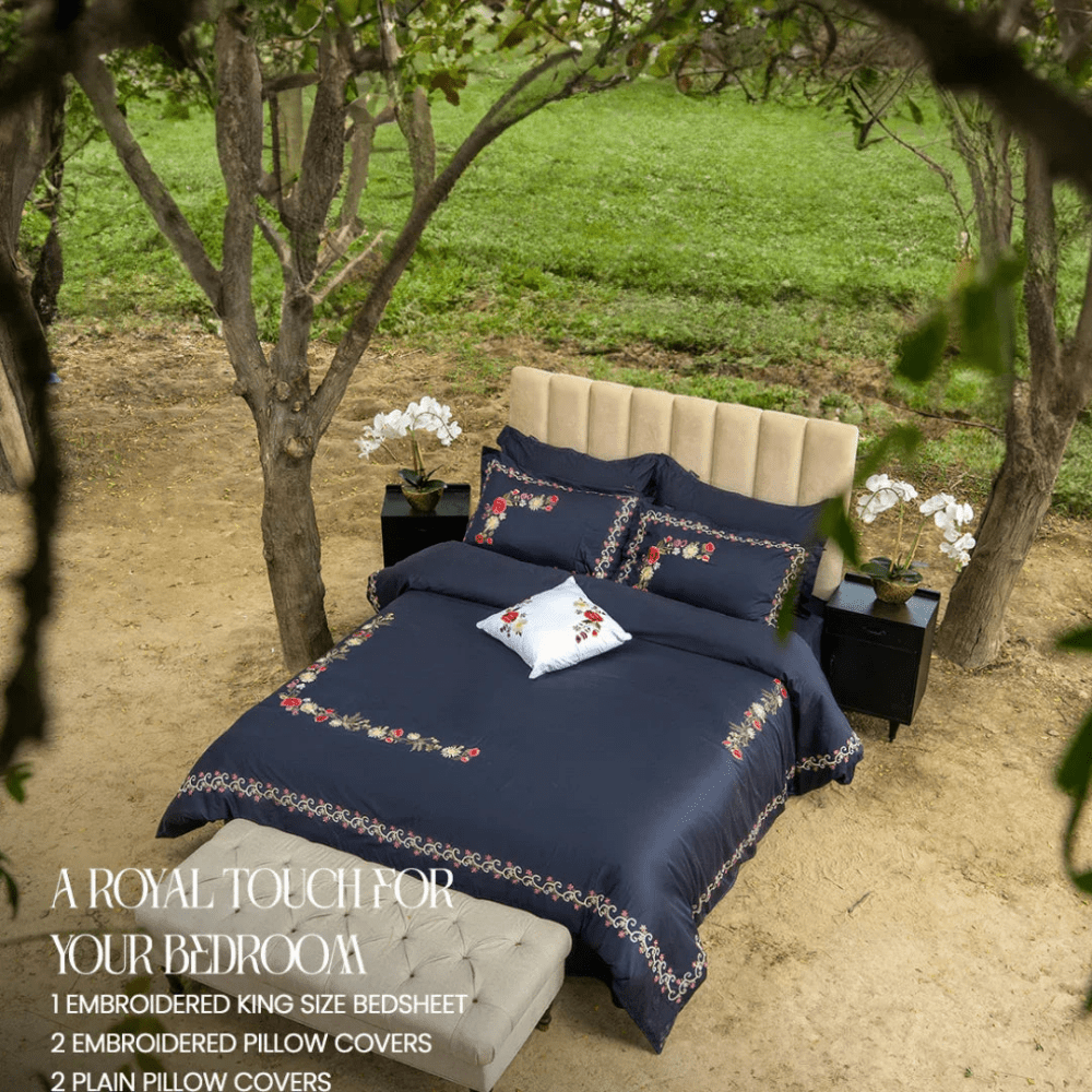 Luxury Flower Ink blue Embroidered Duvet Set - myhomestore.com.pk