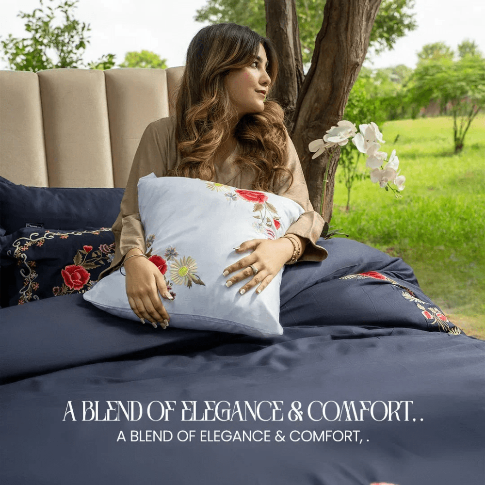 Luxury Flower Ink blue Embroidered Duvet Set - myhomestore.com.pk