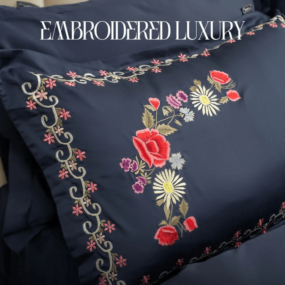 Luxury Flower Ink blue Embroidered Duvet Set - myhomestore.com.pk