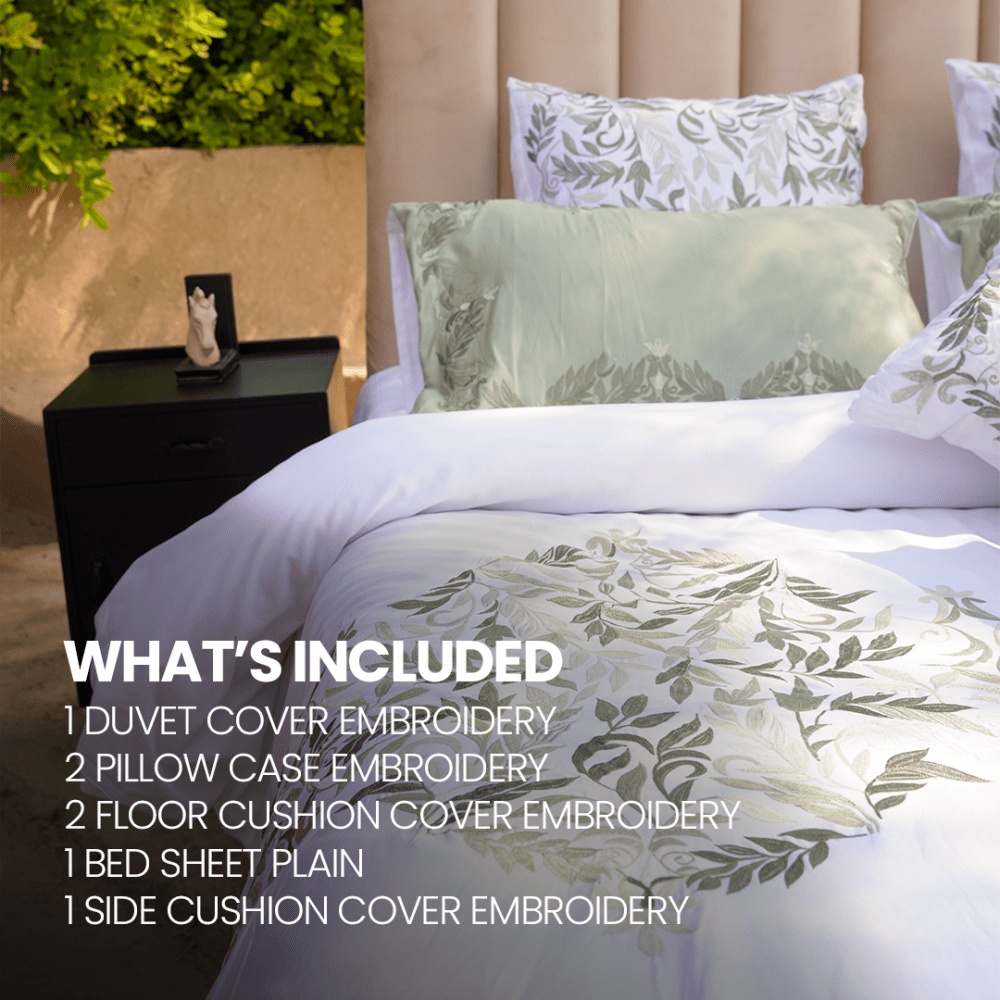 Luxury Green Cotton Satin Embroidery Duvet Set - myhomestore.com.pk