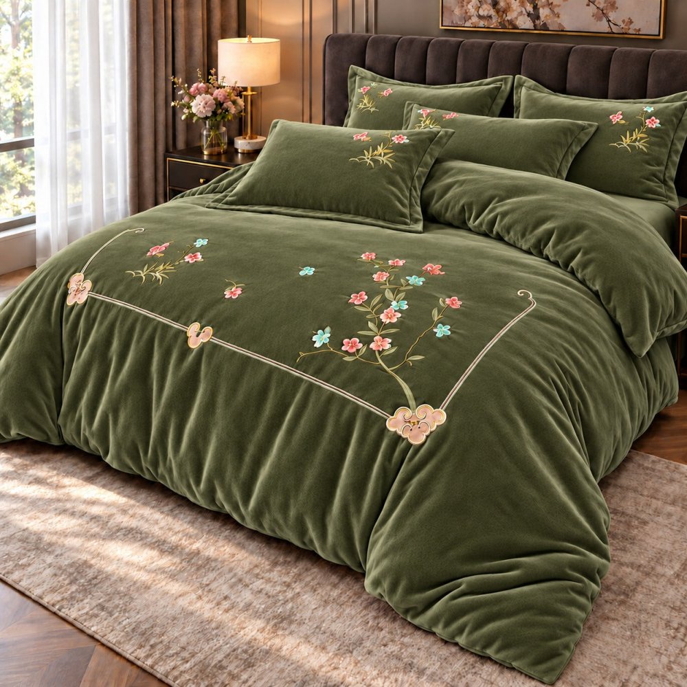 Luxury Green Floral Embroidered Velvet Duvet Set - myhomestore.com.pk