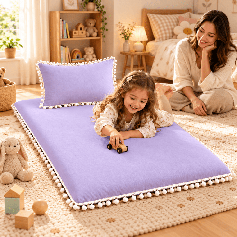 Luxury Lavender Pom Pom Lace Floor Mattress with Pillow Set - myhomestore.com.pk