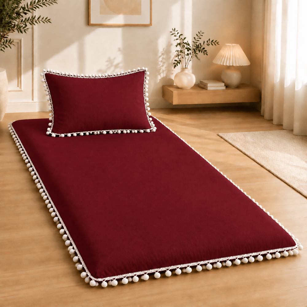 Luxury Maroon Pom Pom Lace Floor Mattress with Pillow Set - myhomestore.com.pk