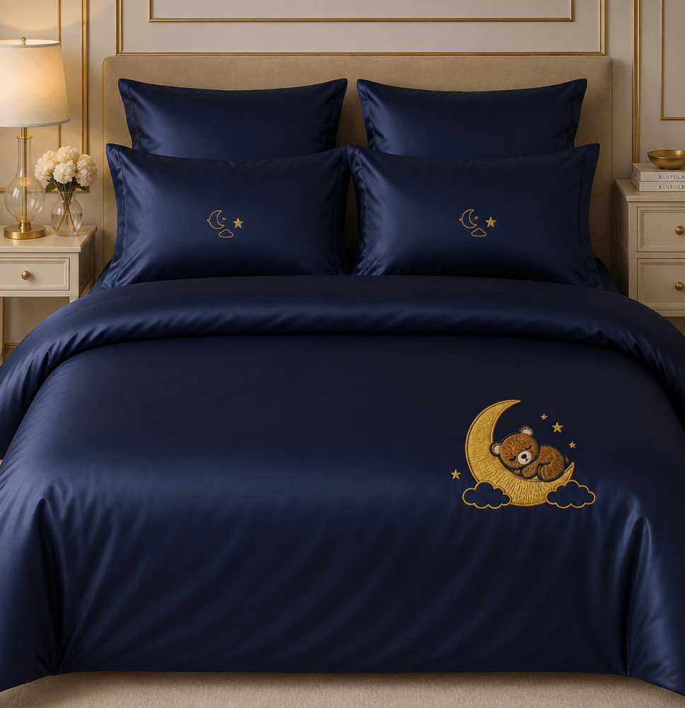 Luxury Moon & Teddy Embroidered Bedding Set – Navy Blue - myhomestore.com.pk