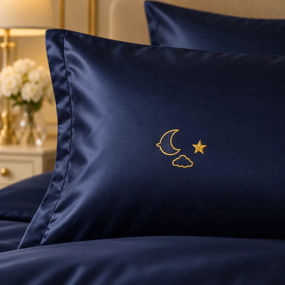 Luxury Moon & Teddy Embroidered Bedding Set – Navy Blue - myhomestore.com.pk