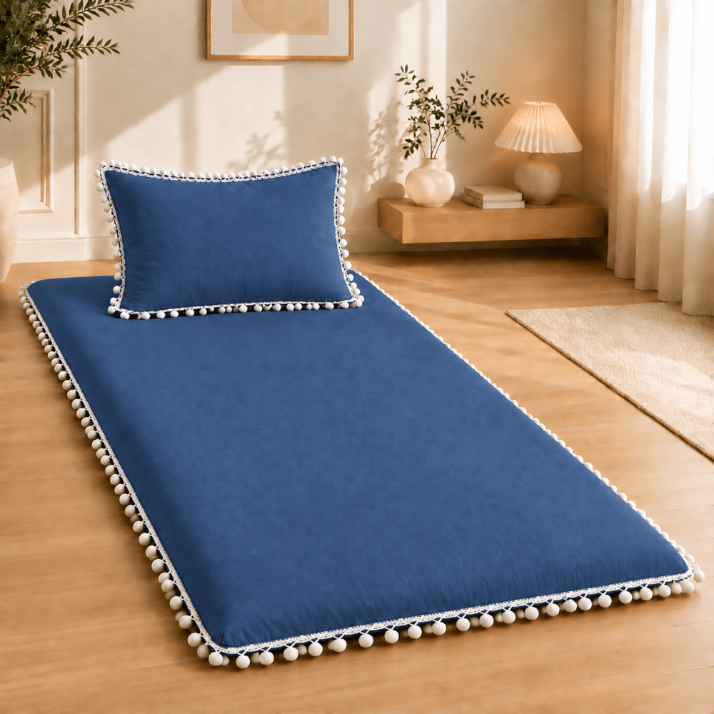 Luxury Navy Blue Pom Pom Lace Floor Mattress with Pillow Set - myhomestore.com.pk