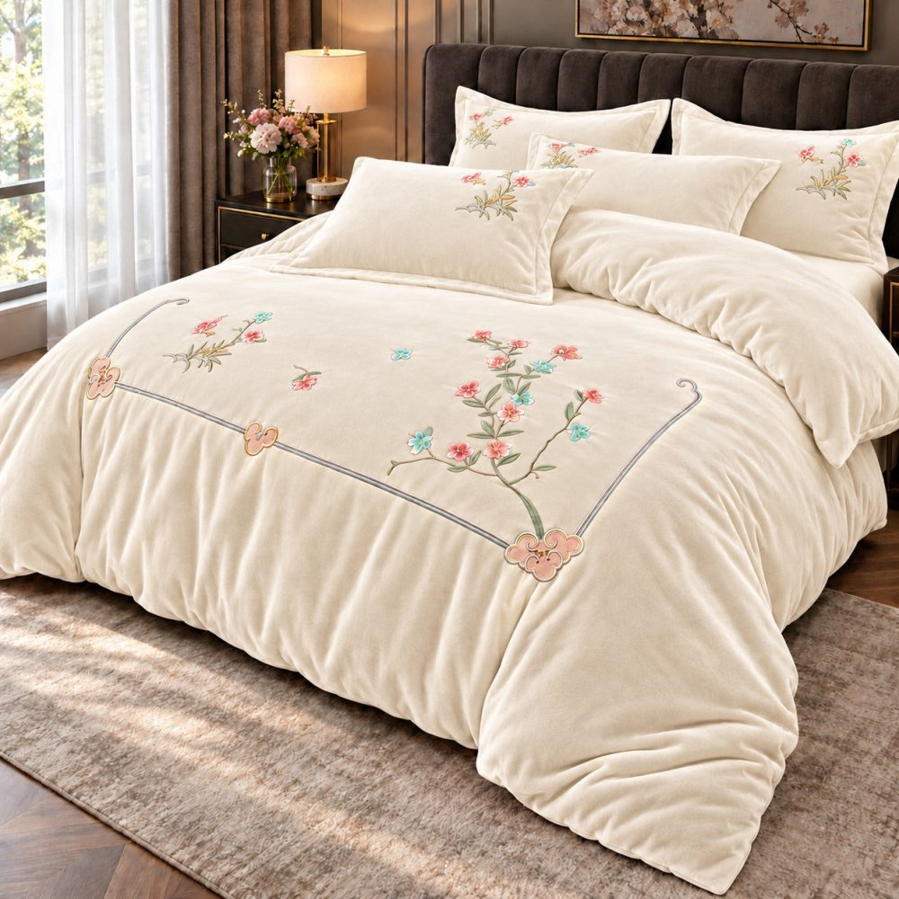 Luxury off-white Floral Embroidered Velvet Duvet Set - myhomestore.com.pk
