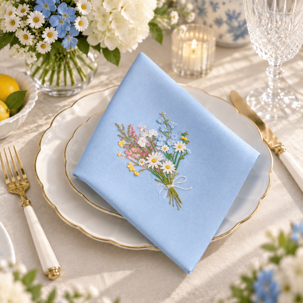 Luxury Plain Cotton Napkin with Wildflower Embroidery - myhomestore.com.pk