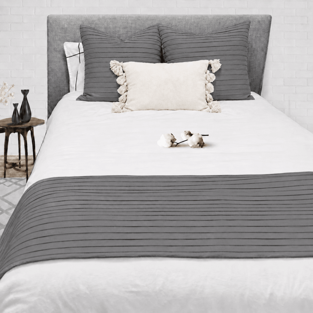 Luxury Pleated Bed Runner with 2 Matching Cushions – Charcoal Grey - myhomestore.com.pk