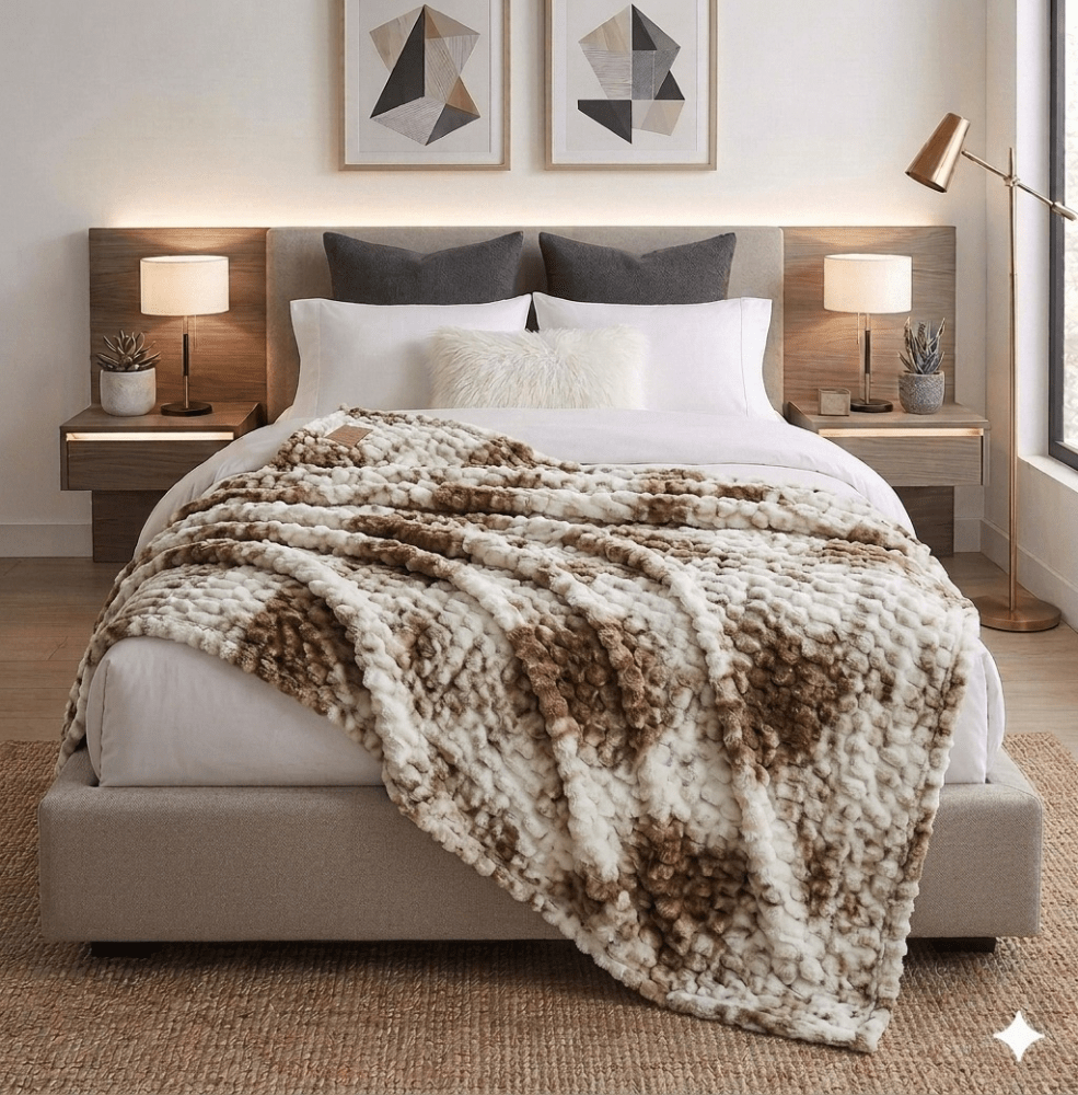 Luxury Reversible Faux Fur Throw Blanket – Brown & Cream Cloud Pattern - myhomestore.com.pk