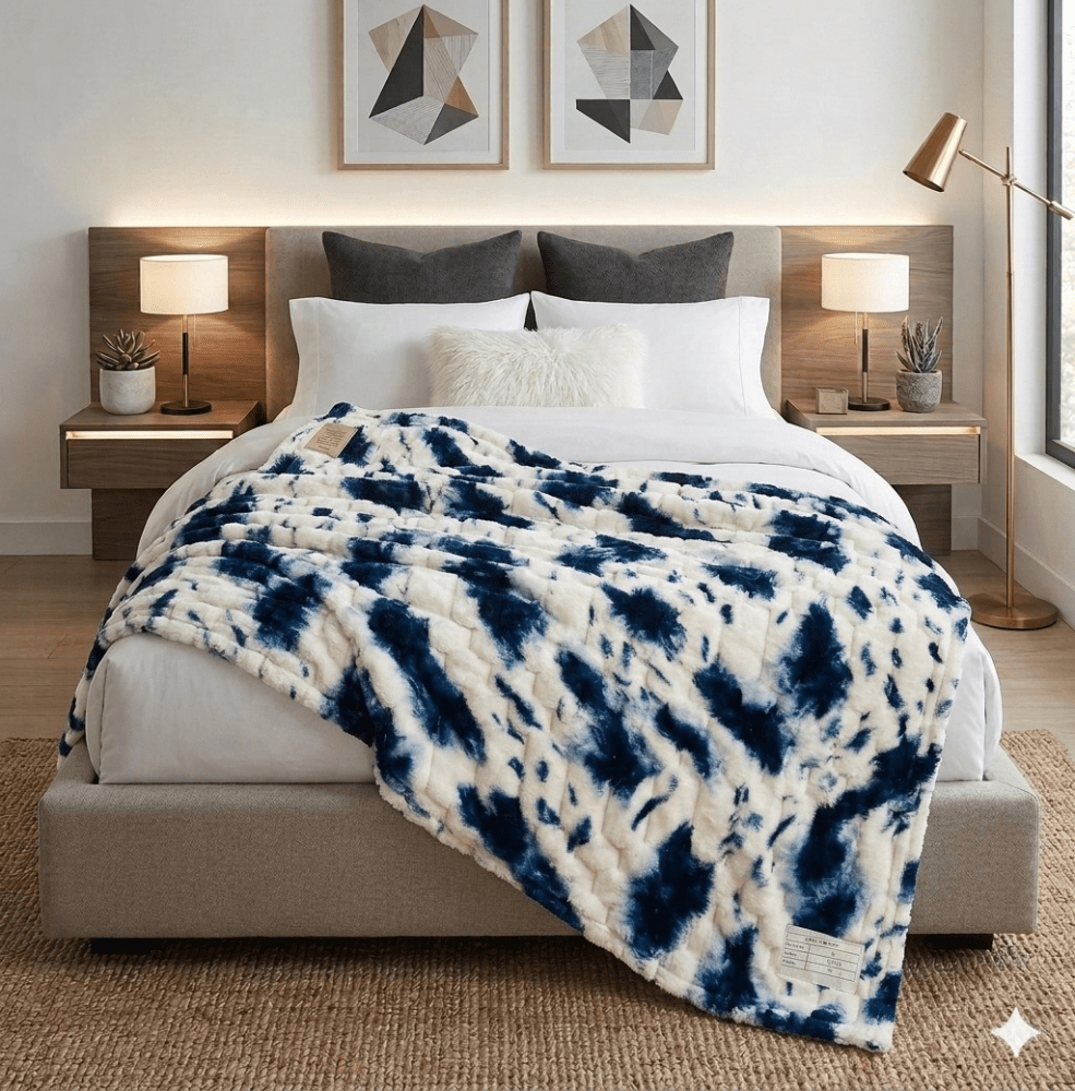 Luxury Reversible Faux Fur Throw Blanket – Navy Blue & Cream Tie-Dye Pattern - myhomestore.com.pk
