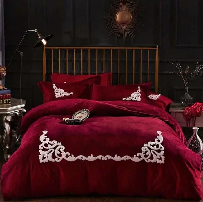 Luxury Ruffle Embroidery Velvet Duvet Cover Set - myhomestore.com.pk