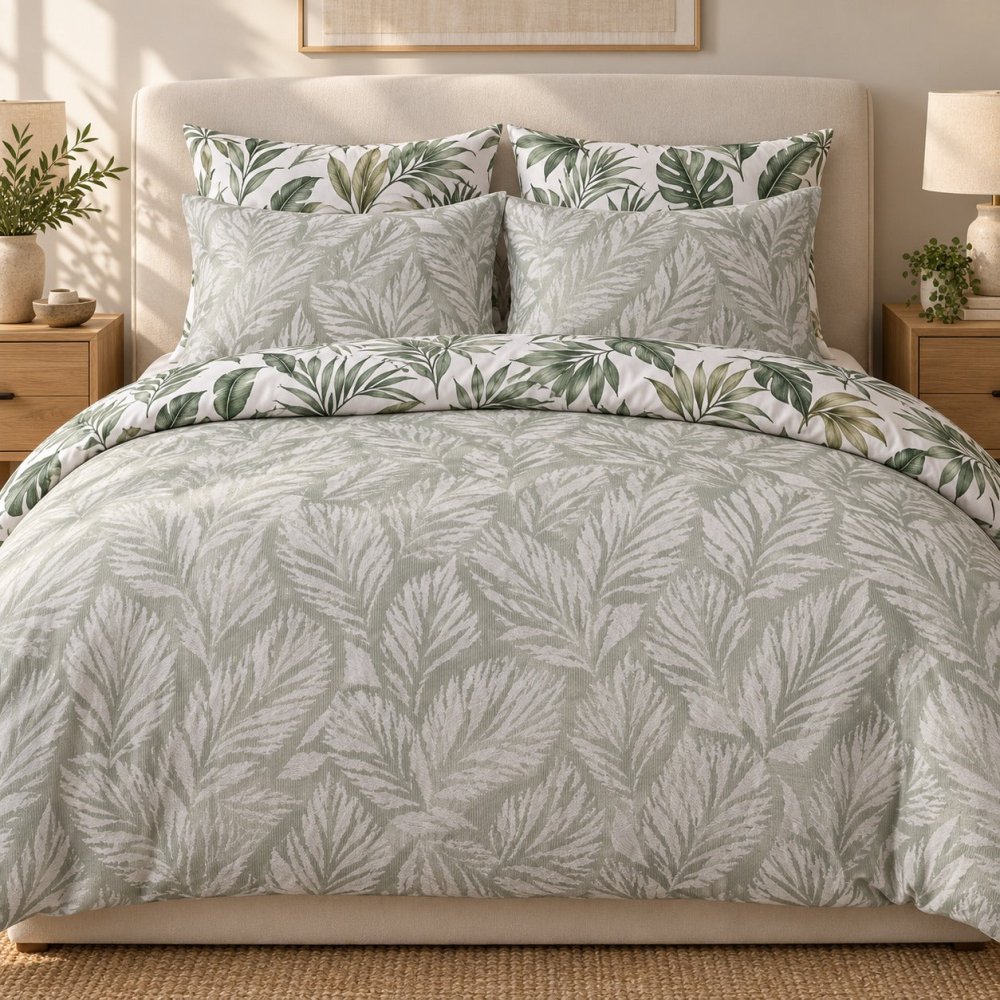 Luxury Sage Green 6-Piece 2-in-1 Duvet Set – Leaf Jacquard & Printed Cotton Reverse - myhomestore.com.pk
