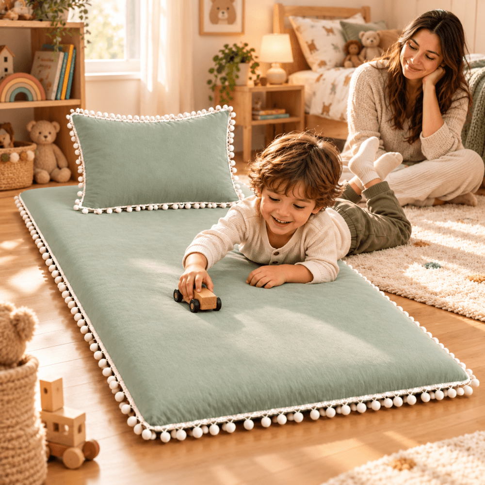 Luxury Sage Green Pom Pom Lace Floor Mattress with Pillow Set - myhomestore.com.pk