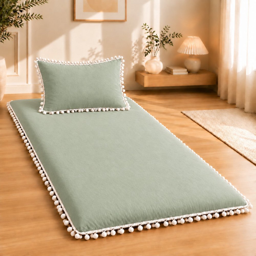 Luxury Sage Green Pom Pom Lace Floor Mattress with Pillow Set - myhomestore.com.pk