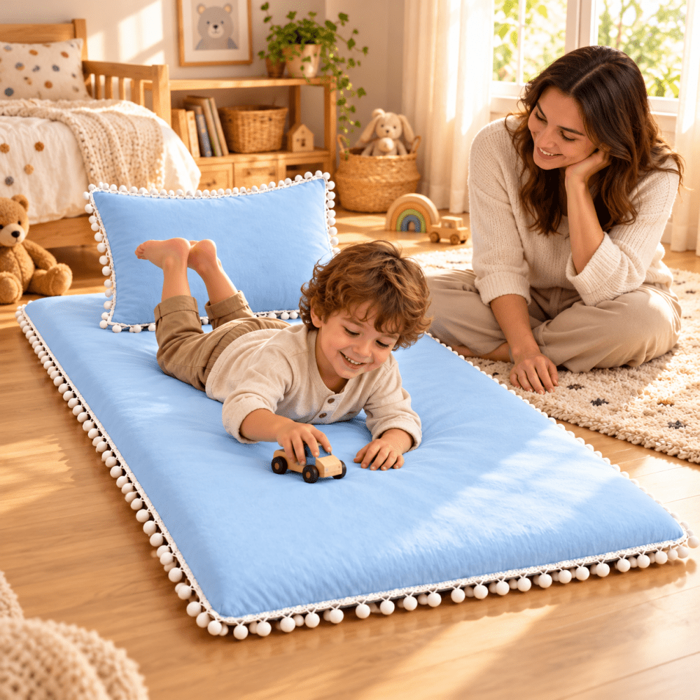 Luxury Sky Blue Pom Pom Lace Floor Mattress with Pillow Set - myhomestore.com.pk