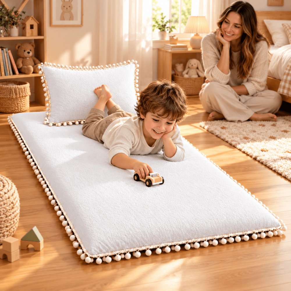 Luxury white Pom Pom Lace Floor Mattress with Pillow Set - myhomestore.com.pk