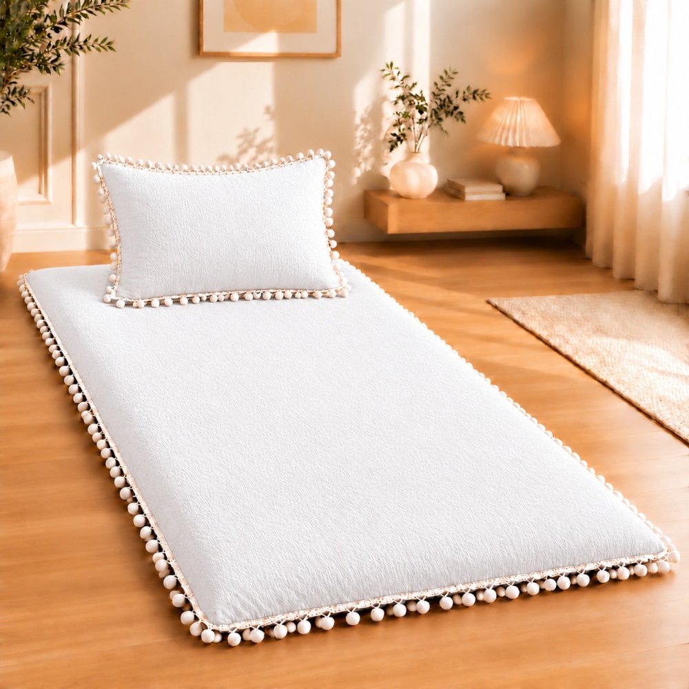 Luxury white Pom Pom Lace Floor Mattress with Pillow Set - myhomestore.com.pk