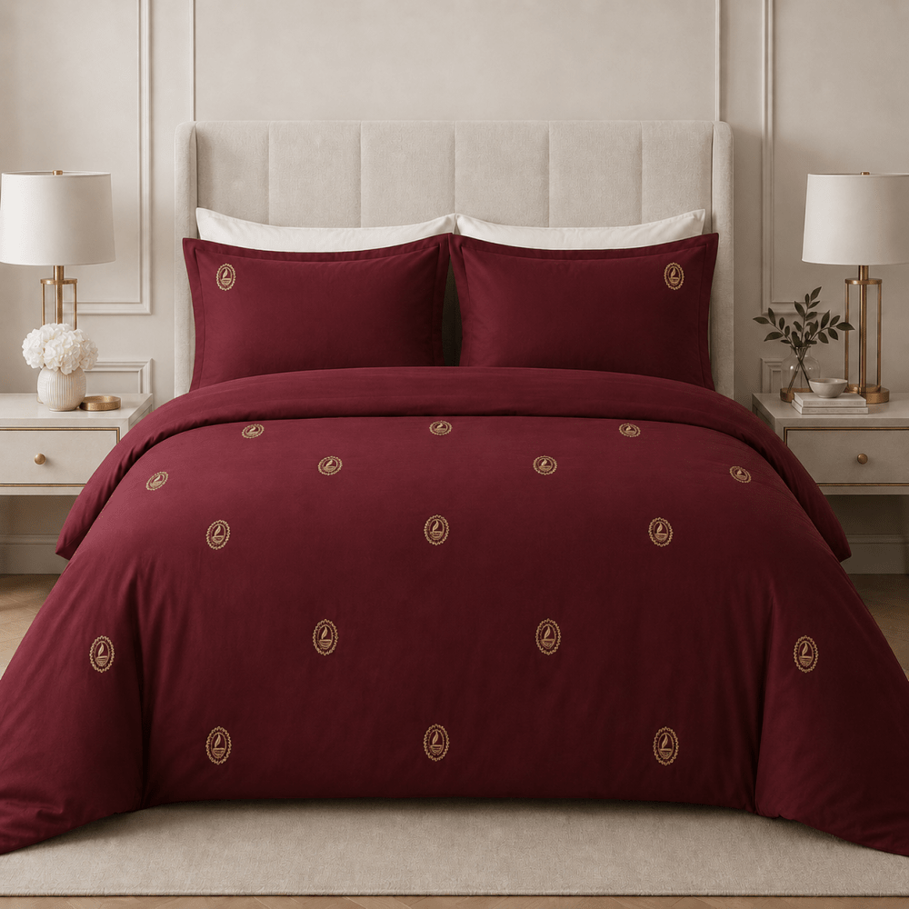Maroon Gold Paisley Medallion Embroidered Duvet Cover Set - myhomestore.com.pk