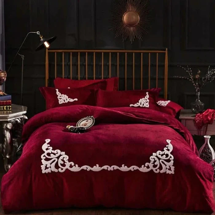 Luxury Ruffle Embroidery Velvet Duvet Cover Set