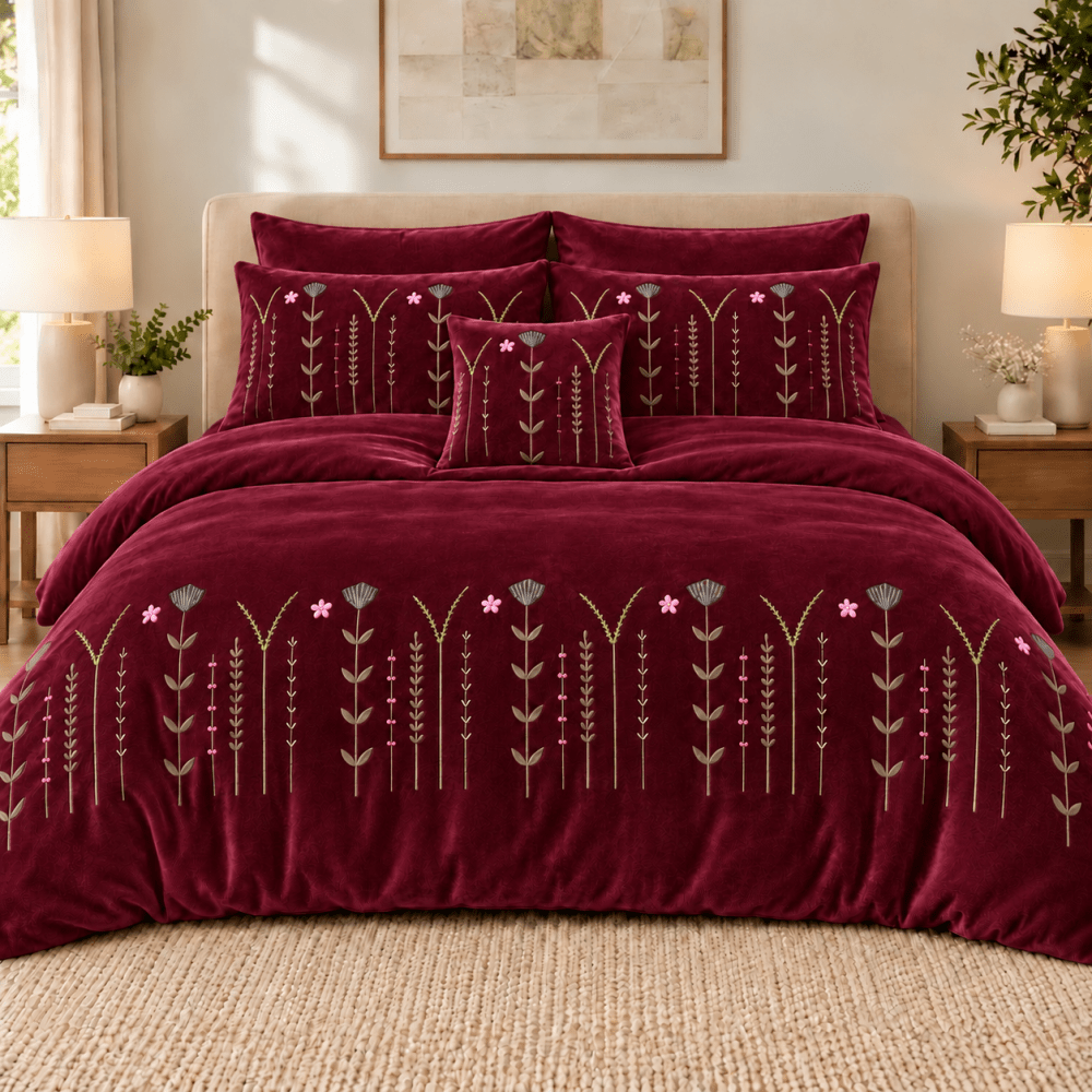 Maroon Wildflower Embroidered Velvet Duvet Set - myhomestore.com.pk