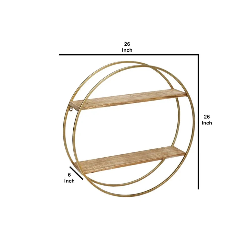 MDF Metal Wall Shelf with 2 Open Shelves, Brown and Gold - myhomestore.com.pk