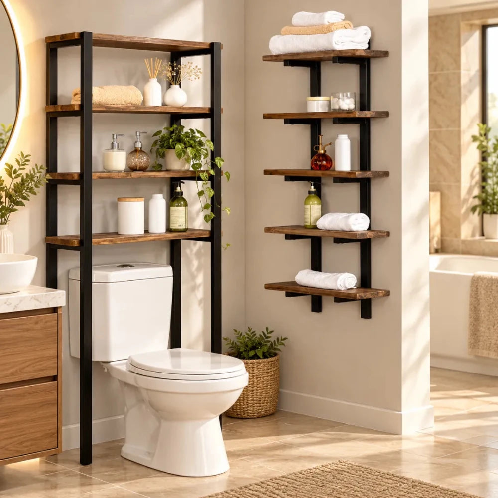 Metal and Solid Wood Bath Wall Shelf - myhomestore.com.pk