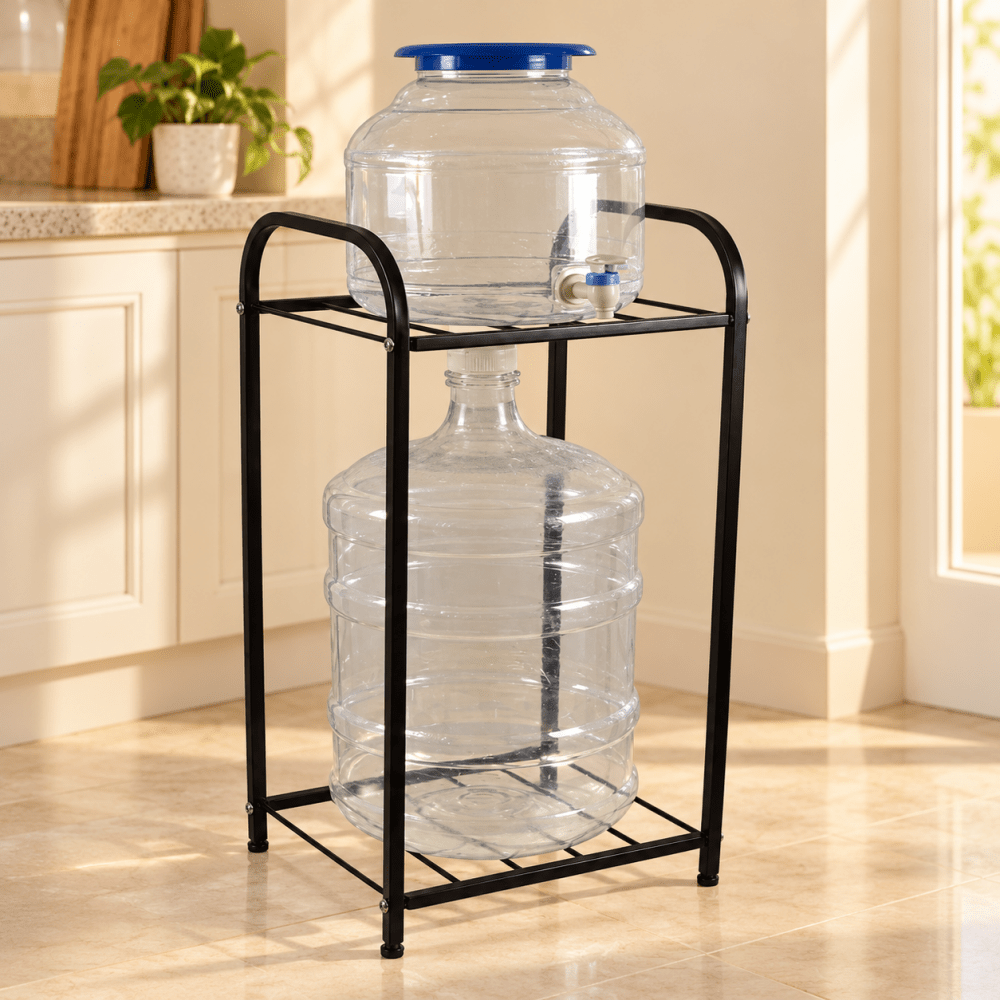Metal Bottle Water Dispenser Stand for kitchen (Black, 2 Compartment) - myhomestore.com.pk