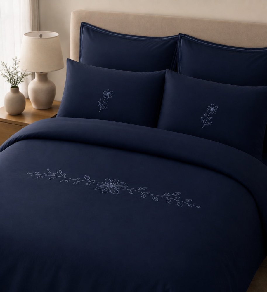 Midnight Navy Floral Embroidered Duvet Cover Set - myhomestore.com.pk