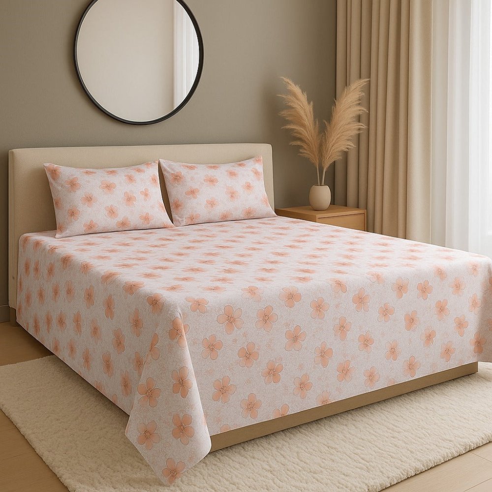 Minimal Peach Flower Print Bedsheet (3 pcs) - The Linen House