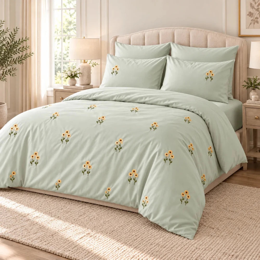 Mint Green Sunflower Embroidered Bedding Set - myhomestore.com.pk