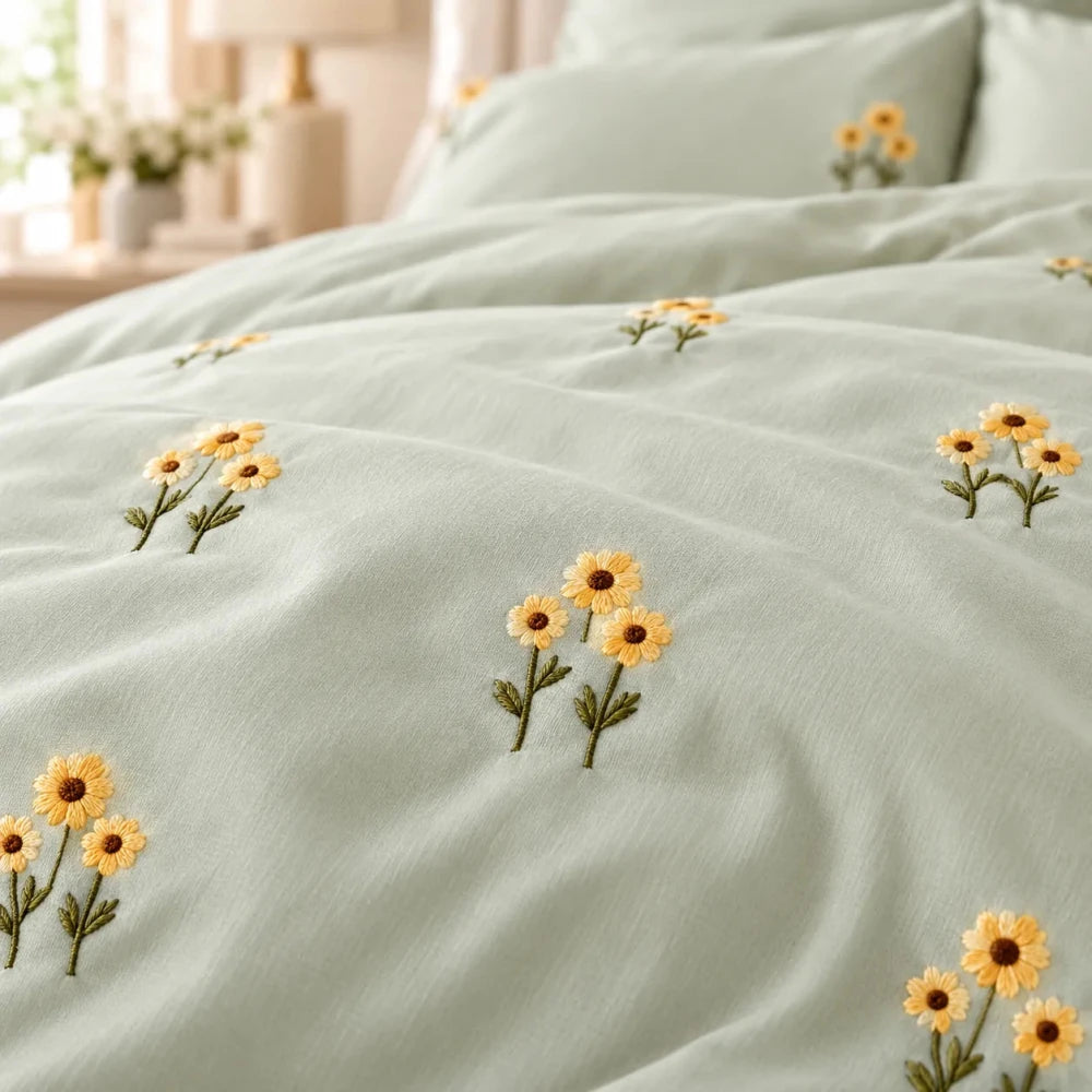 Mint Green Sunflower Embroidered Bedding Set - myhomestore.com.pk