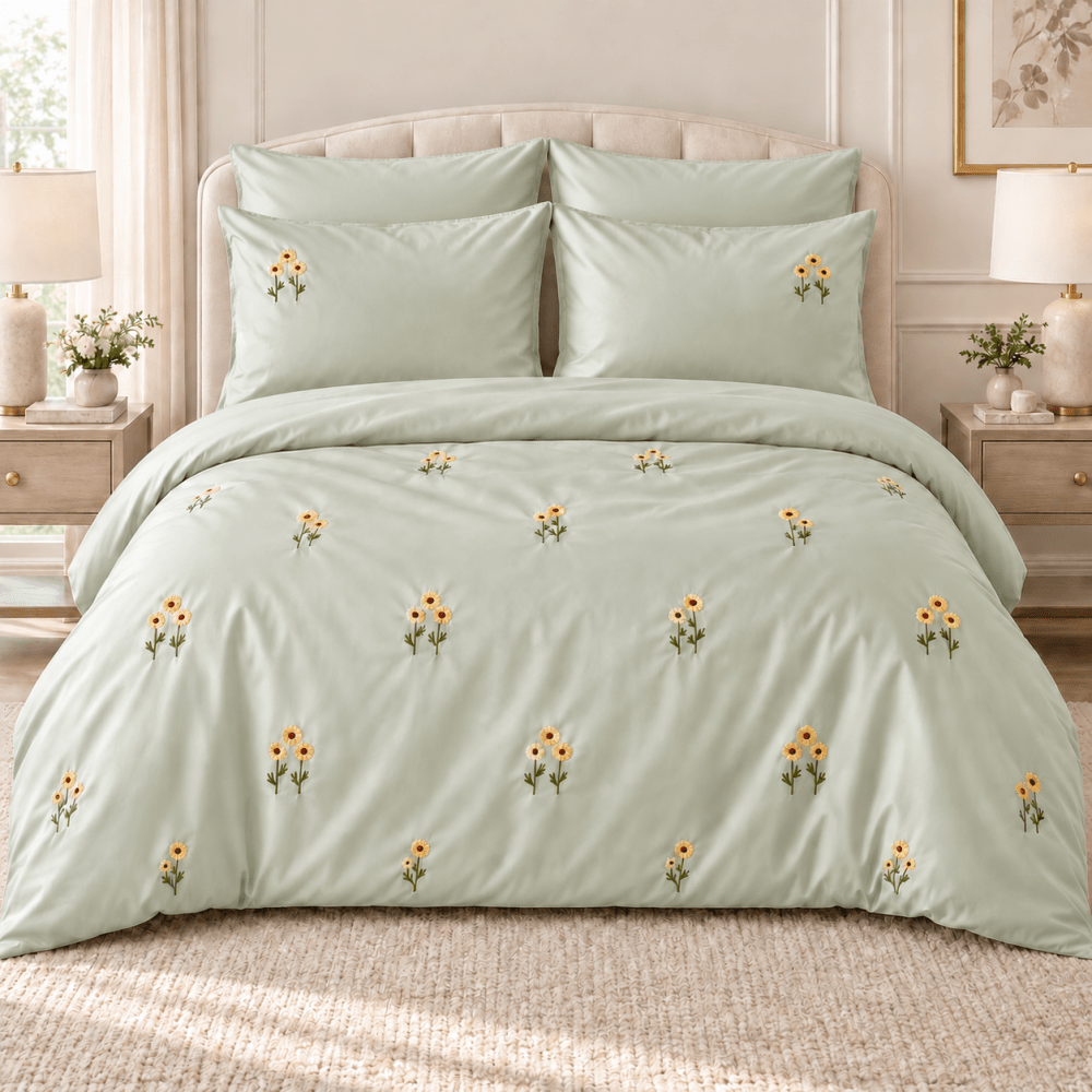 Mint Green Sunflower Embroidered Bedding Set - myhomestore.com.pk