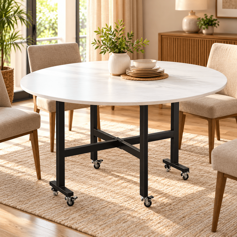 Mobile Folding Dining Table with 6 Wheels, Marble Texture Table Top - myhomestore.com.pk