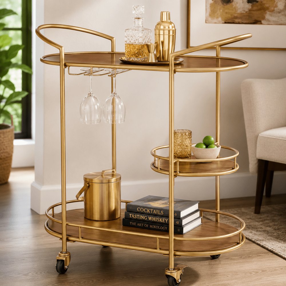 Modern Gold & Wood Bar Cart - myhomestore.com.pk