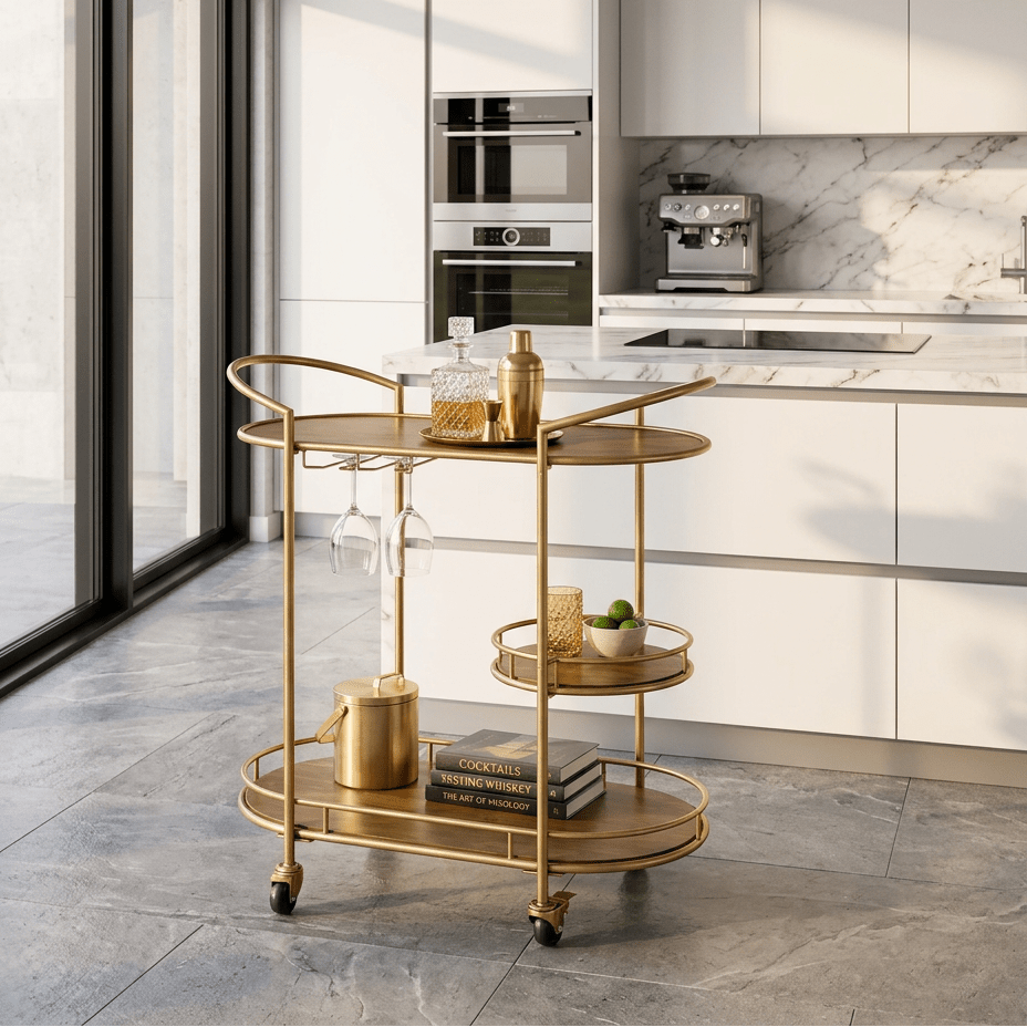 Modern Gold & Wood Bar Cart - myhomestore.com.pk