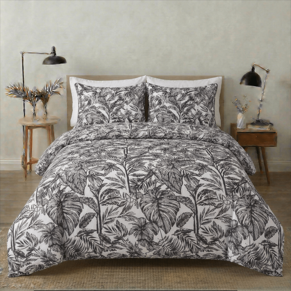 Monochrome Tropical Print Bedsheet – King Size - myhomestore.com.pk