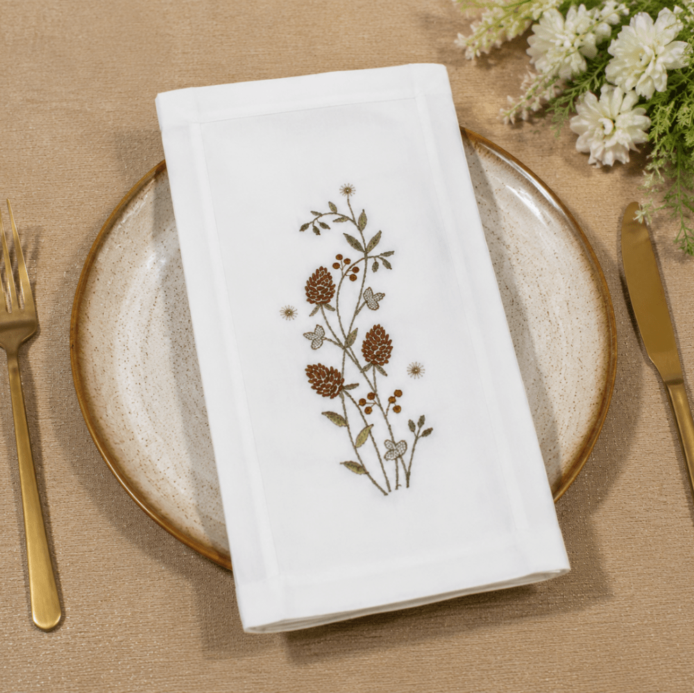 Nature-Inspired Table Linen – White Base with Brown Botanical Design - myhomestore.com.pk