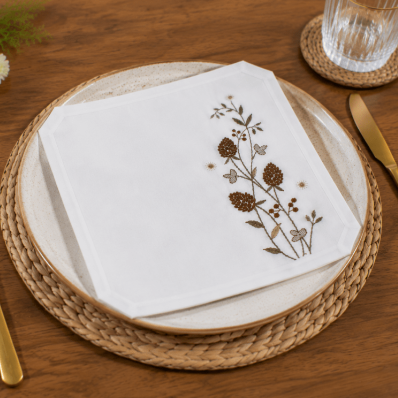 Nature - Inspired Table Linen – White Base with Brown Botanical Design - myhomestore.com.pk
