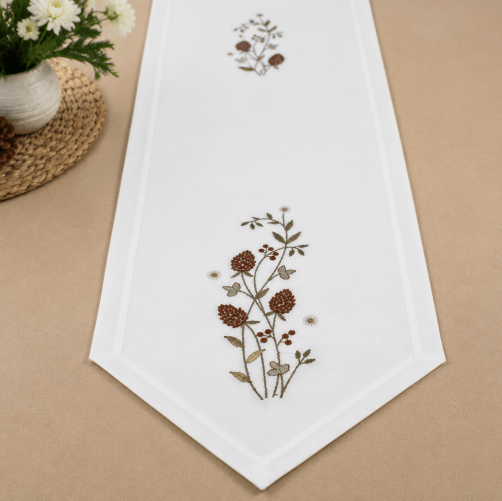 Nature-Inspired Table Linen – White Base with Brown Botanical Design - myhomestore.com.pk