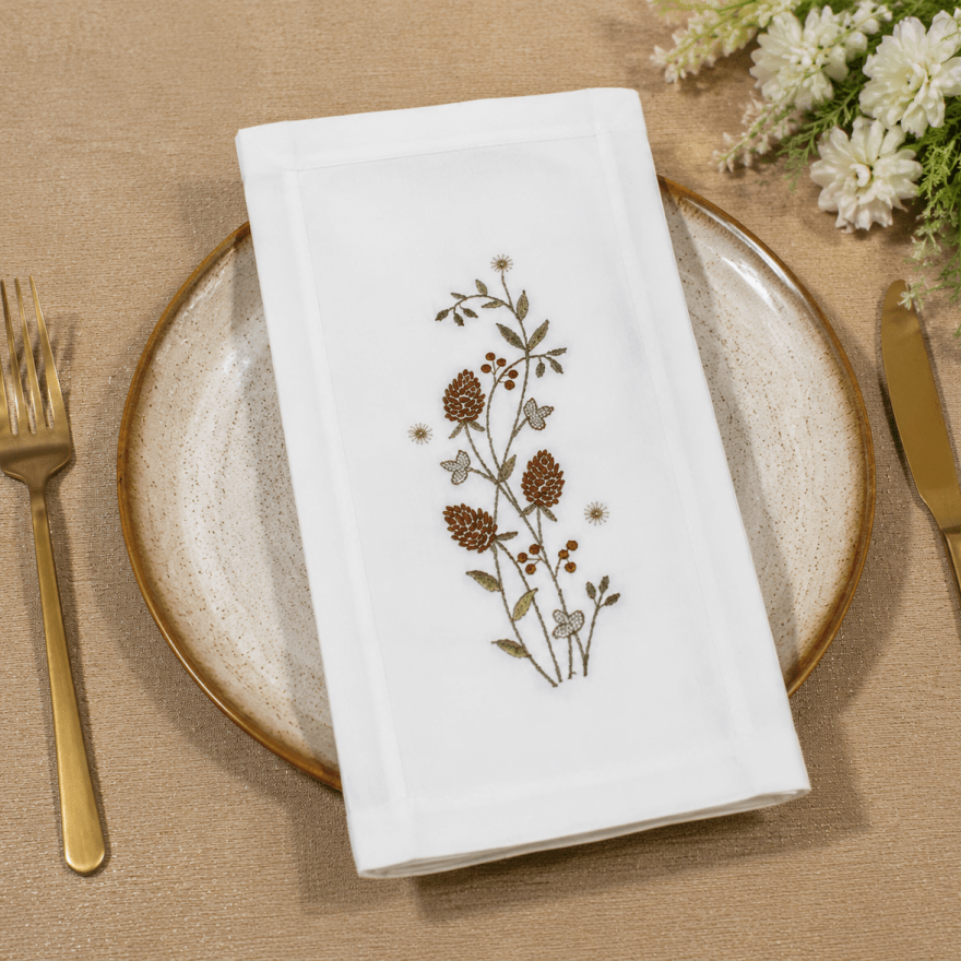 Nature - Inspired Table Linen – White Base with Brown Botanical Design - myhomestore.com.pk