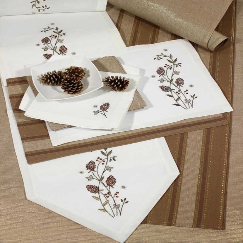 Nature - Inspired Table Linen – White Base with Brown Botanical Design - myhomestore.com.pk