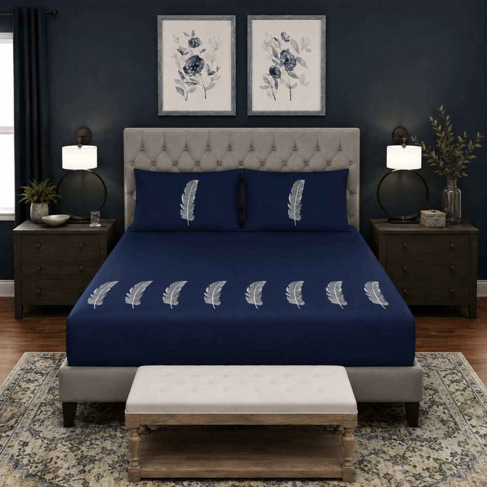 Navy Blue Feather Embroidered 3-Piece Bedsheet Set - myhomestore.com.pk