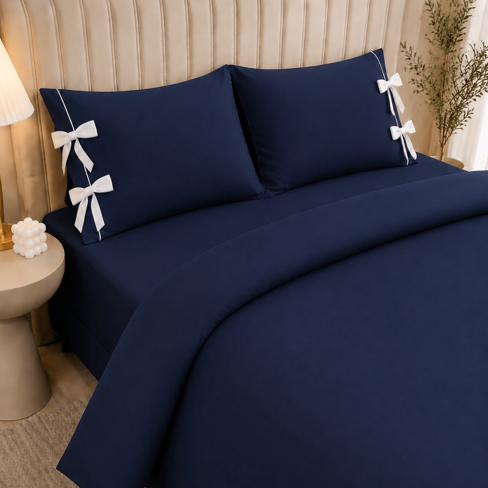 Navy Blue Plain Bow Duvet Cover Set with 2 Pillow Covers - myhomestore.com.pk