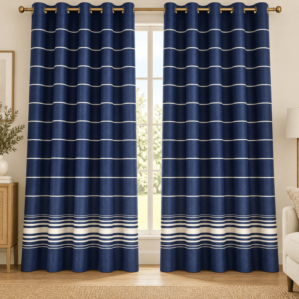Navy Blue White Stripe Border Duck Fabric Curtains – Pack of 2 - myhomestore.com.pk