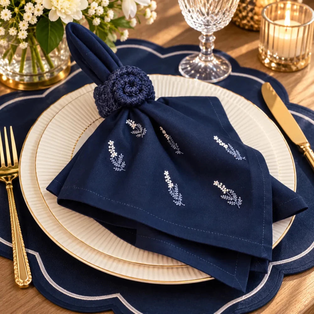 Navy Mats with Off White and Blue Atena Small Flowers embroidered - myhomestore.com.pk
