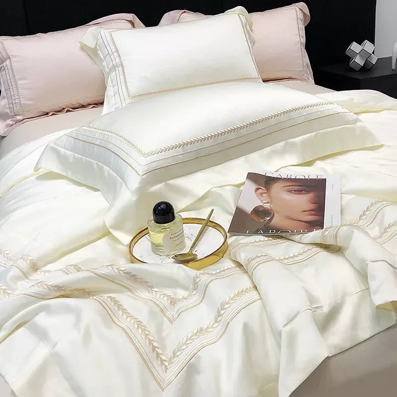Off white Cotton Satin Embroidery Duvet Set - myhomestore.com.pk