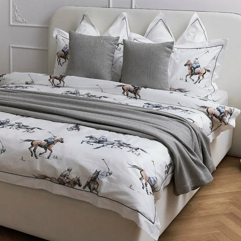 Luxury Polo-Themed Cotton Bedding Set – Elegant Equestrian Design