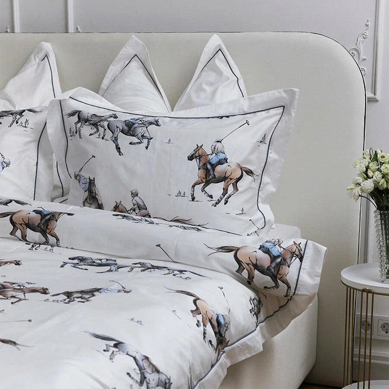 Luxury Polo-Themed Cotton Bedding Set – Elegant Equestrian Design