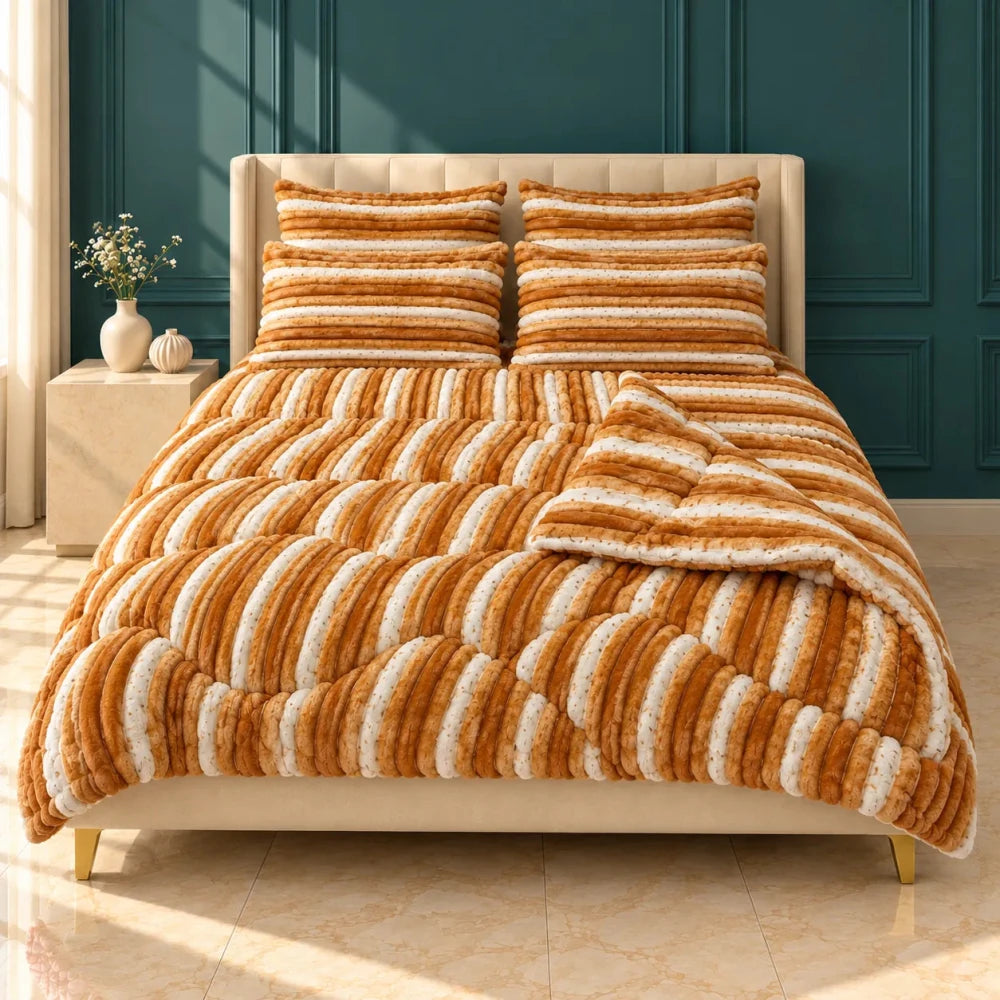 Orange & White Speckled Stripe Bubble Fleece Comforter Set – 6 Pcs King Size - myhomestore.com.pk